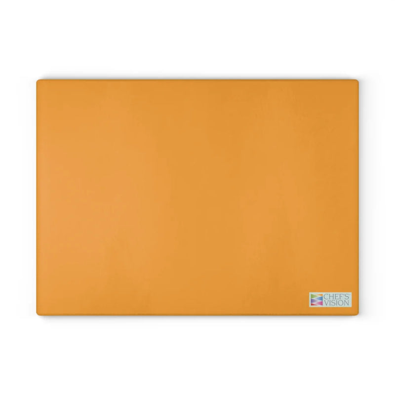 The SliceBright Color Glass Cutting Board by Chef's Vision is a rectangular orange board featuring a small brand logo in the bottom right, ideal for textured kitchen counters and displayed on a white background.