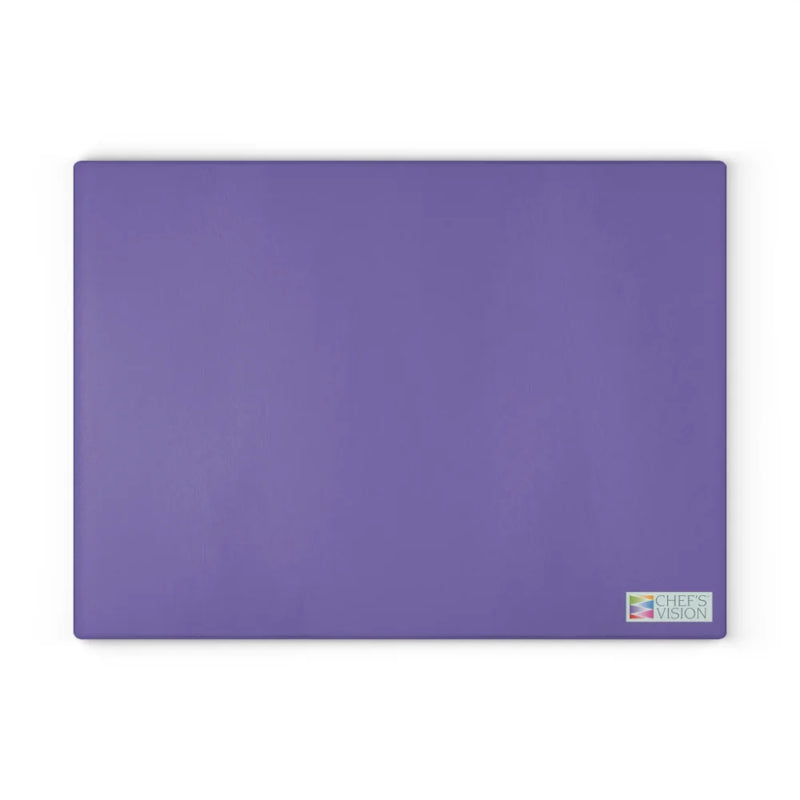 The SliceBright Color Glass Cutting Board by Chef's Vision is a rectangular purple tempered glass board with a small logo in the bottom right, ideal for your kitchen counter and pictured on a white background.