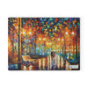 A SliceBright Masterpiece Glass Cutting Board by Chef's Vision themed painting of a couple walking in the park at night.