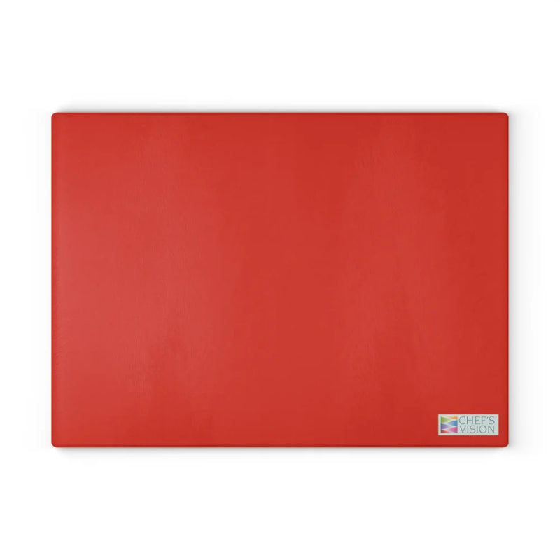 The SliceBright Color Glass Cutting Board by Chef’s Vision is a rectangular red board with a small logo in the bottom right, textured for grip, and shown on a white background—ideal for any kitchen counter.