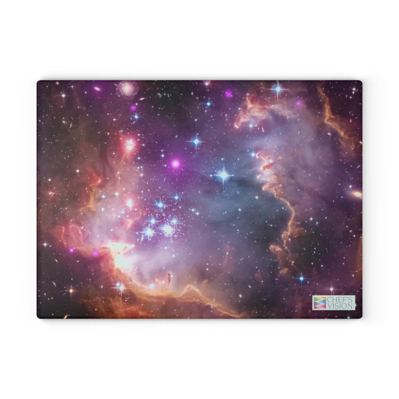 Vivid purple, blue, and orange cosmic nebulae with glowing stars light up your kitchen when you use the Chef's Vision SliceBright Cosmos Glass Cutting Board.