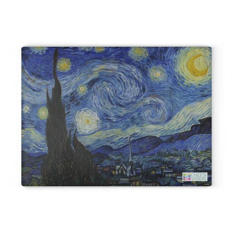 The SliceBright Masterpiece Glass Cutting Board by Chef's Vision is a functional art piece for your kitchen, showcasing Vincent van Gogh’s "The Starry Night" with swirling blue skies and bright yellow stars.