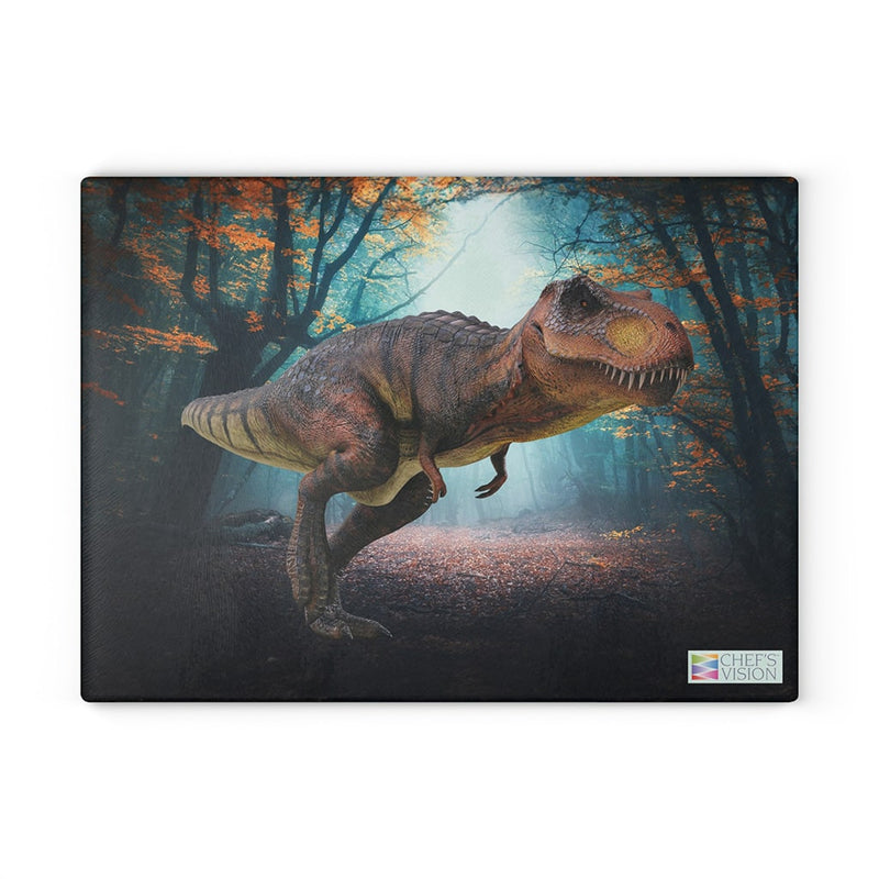 An image of a Chef's Vision SliceBright Jurassic Glass Cutting Board in the woods.