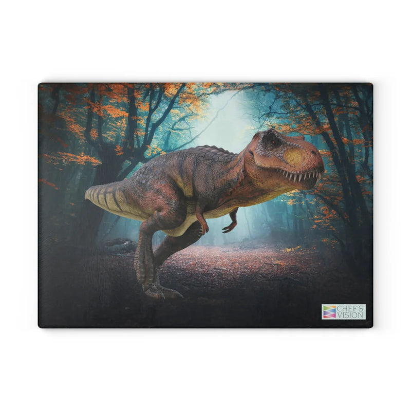 SliceBright Jurassic Glass Cutting Board by Chef's Vision features a lifelike Tyrannosaurus rex in a vibrant forest scene—ideal dinosaur art to bring unique style and color to your kitchen counter.