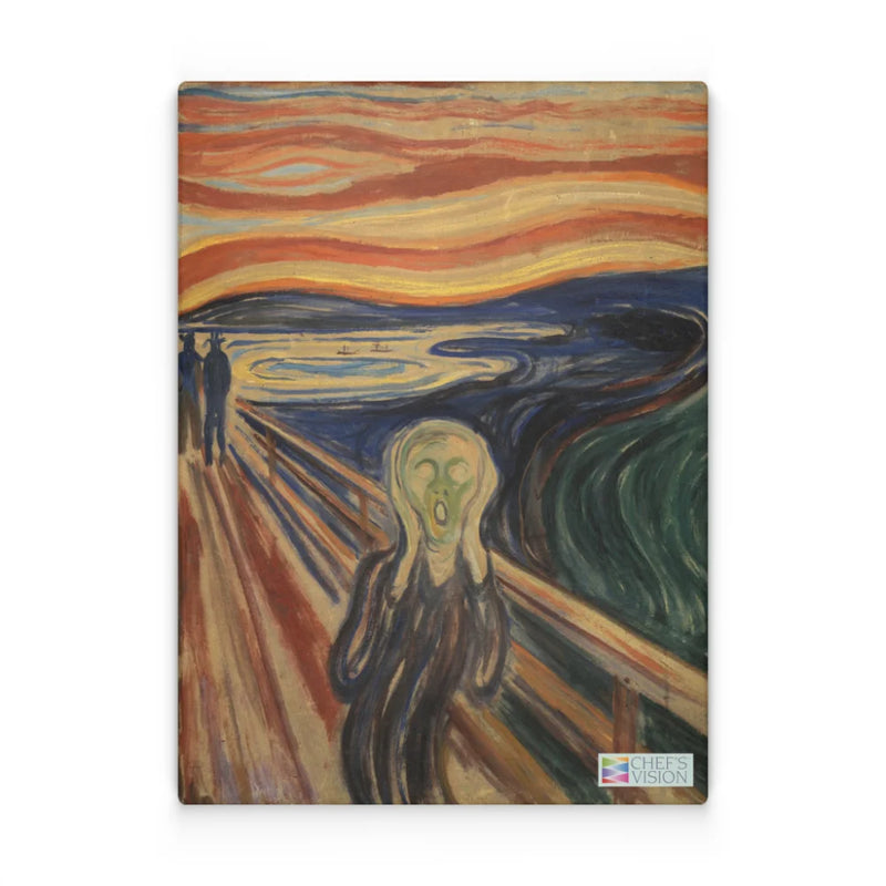 Chef's Vision SliceBright Masterpiece Glass Cutting Board features a figure on a bridge, mouth open, under an orange, yellow, and blue swirling sky with two figures in the background—functional art for your kitchen.