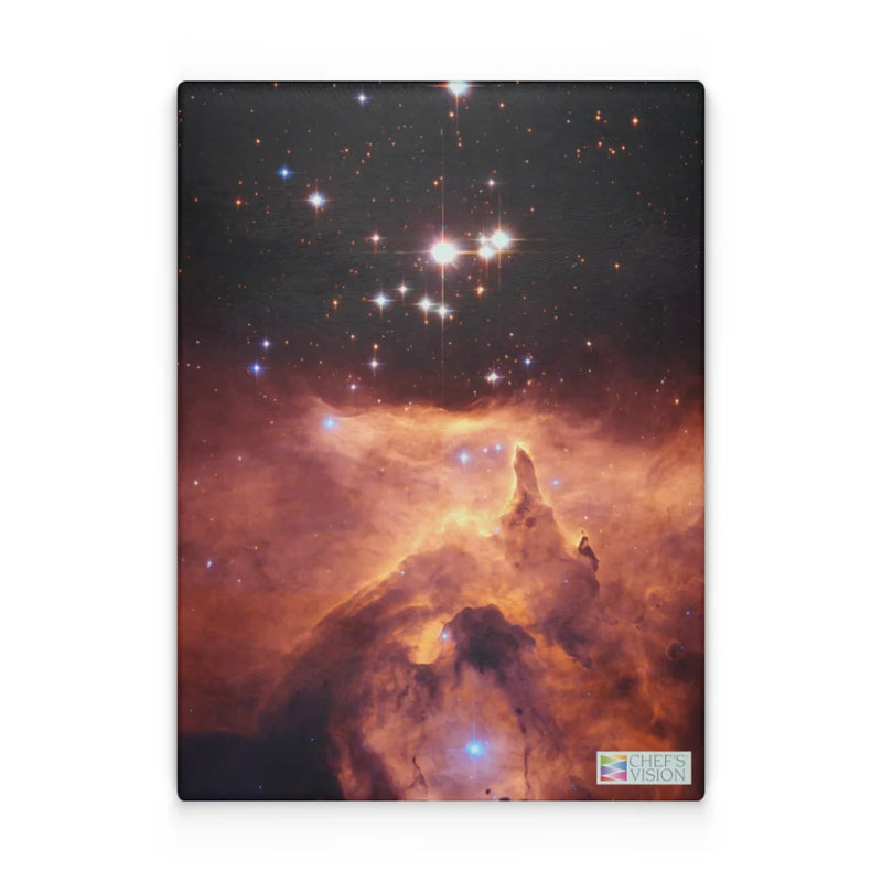 A vibrant cosmic scene with bright stars and glowing nebulae adorns the SliceBright Cosmos Glass Cutting Board by Chef’s Vision, featuring the "Chef's Vision" logo in the bottom right corner.