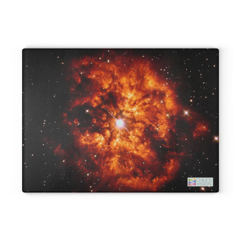 Add cosmic flair to your kitchen with the Chef's Vision SliceBright Cosmos Glass Cutting Board—featuring a vivid red-orange nebula and central star on a black starry backdrop, plus the “Chef’s Vision” logo in the bottom right corner.