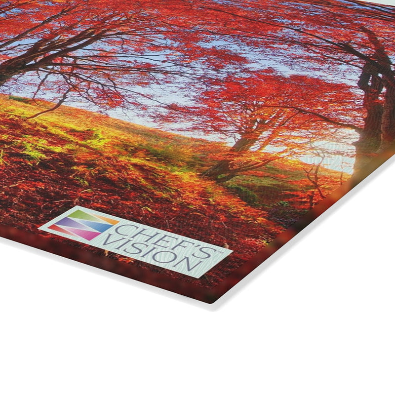 A landscape-themed photo of an autumn scene, printed on a SliceBright Landscape Glass Cutting Board, suitable for displaying in the kitchen.