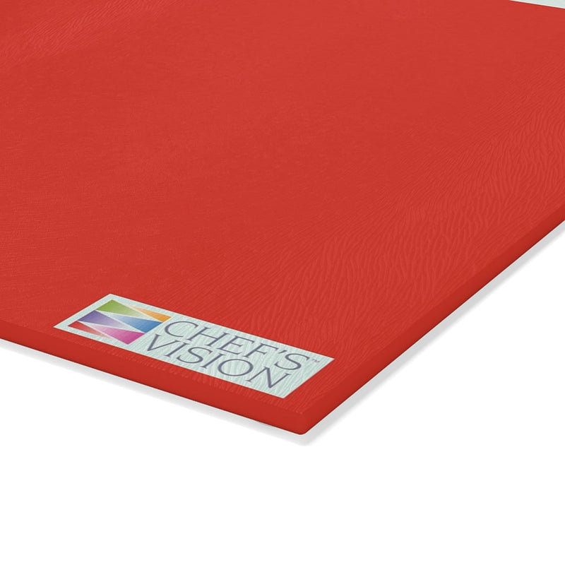 A red SliceBright Color Glass Cutting Board with a Chef's Vision logo on it.