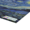 The SliceBright Masterpiece Glass Cutting Board by Chef's Vision featuring The Starry Night by Van Gogh in an art gallery kitchen.