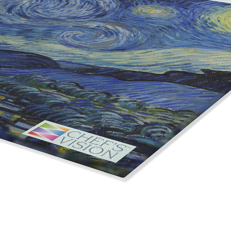 The SliceBright Masterpiece Glass Cutting Board by Chef's Vision featuring The Starry Night by Van Gogh in an art gallery kitchen.