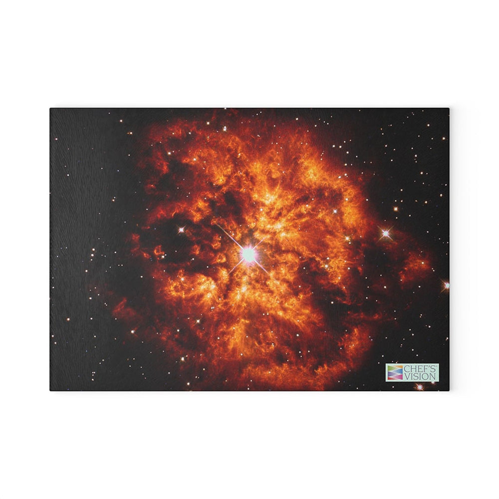 A SliceBright Cosmos Glass Cutting Board by Chef's Vision, with a cosmos themed orange nebula on a black background.