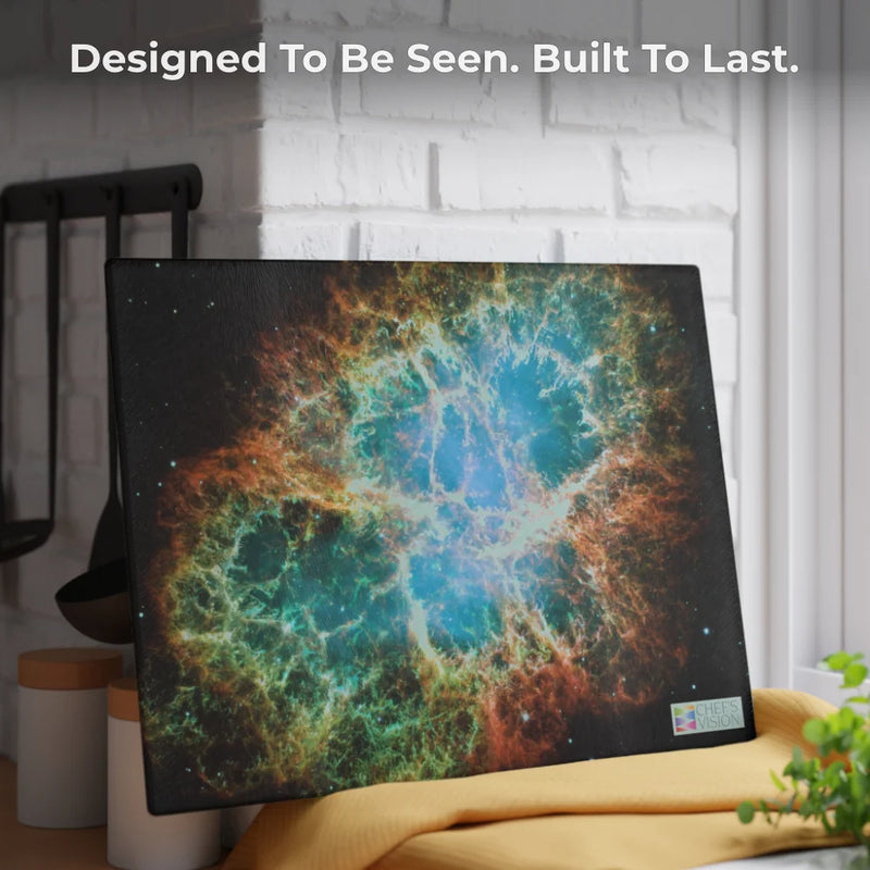 The SliceBright Cosmos Glass Cutting Board by Chef's Vision, featuring vibrant cosmic nebula art, adds inspiration and durability to your kitchen counter—perfect for those who love unique, lasting style.