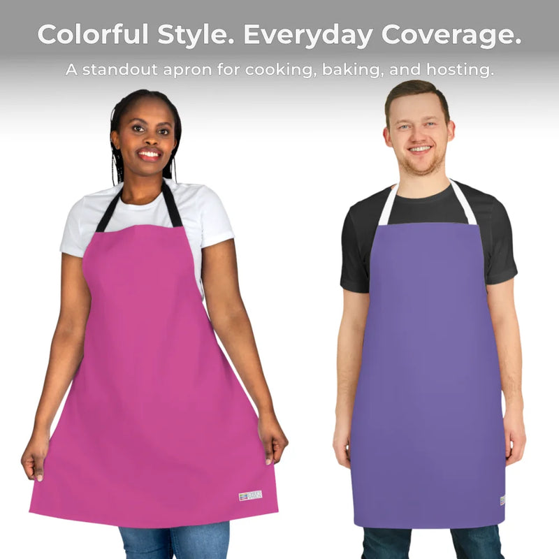 Two people wear Chef's Vision Color Aprons—pink on the woman, purple on the man. Text above: "Colorful Style. Everyday Coverage." A vibrant gift for chefs who love themed aprons.