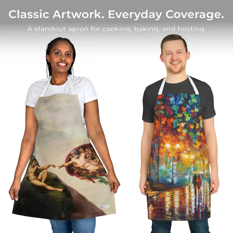 Two people wear Chef's Vision Masterpiece Aprons; the left shows Michelangelo’s "The Creation of Adam," while the right displays a vivid impressionist painting, both on durable polyester canvas with adjustable tie-back.