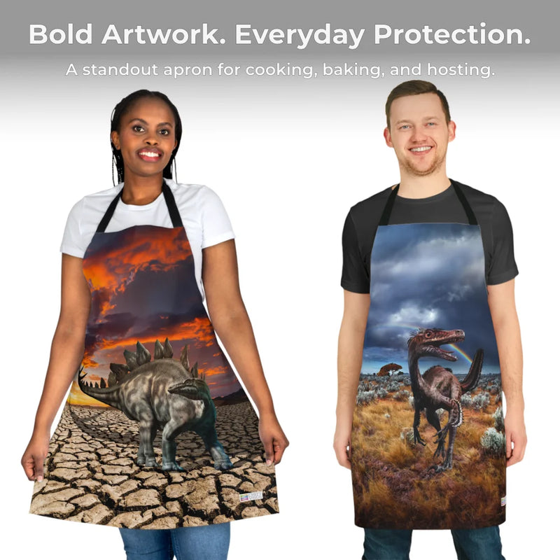 Two people wear Chef's Vision Jurassic Aprons with realistic dinosaur art—one shows a stegosaurus on cracked earth, the other a raptor in grass. Text highlights apron protection and artwork, making them a unique gift for dinosaur fans.
