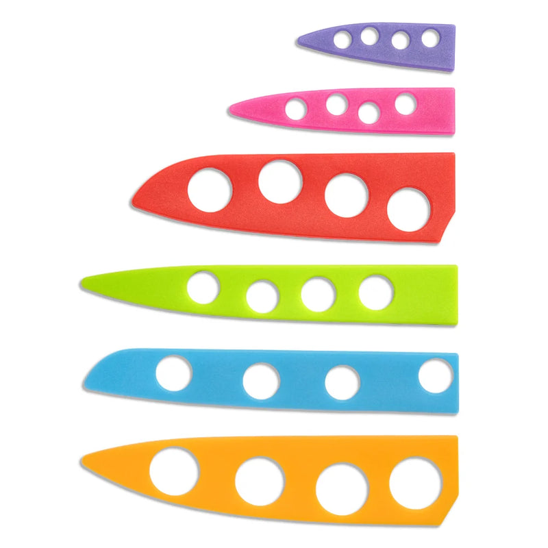 Chef’s Vision BladeKeepers Blade Covers for the Wildlife Series Knife Set feature six distinct colors with circular holes, making it easy to organize your knives using color-coded covers.
