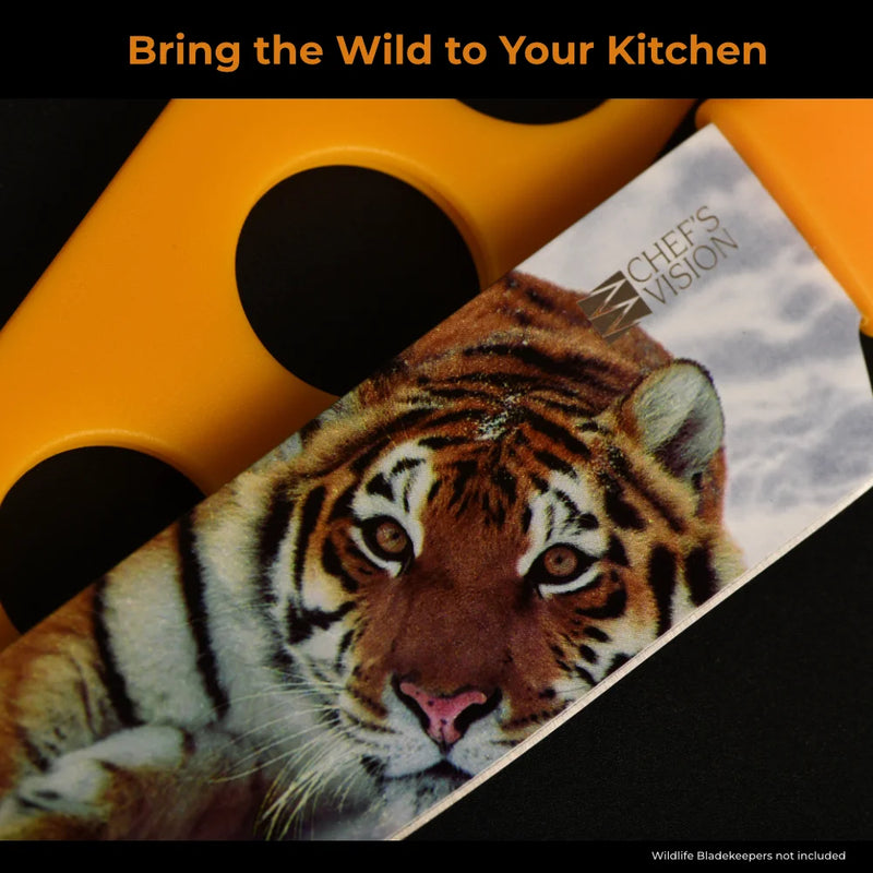 The Chef's Vision Wildlife Six-Piece Knife Set, featuring ergonomic handles and vivid animal images, is displayed on a yellow knife holder with the slogan “Bring the Wild to Your Kitchen” above.