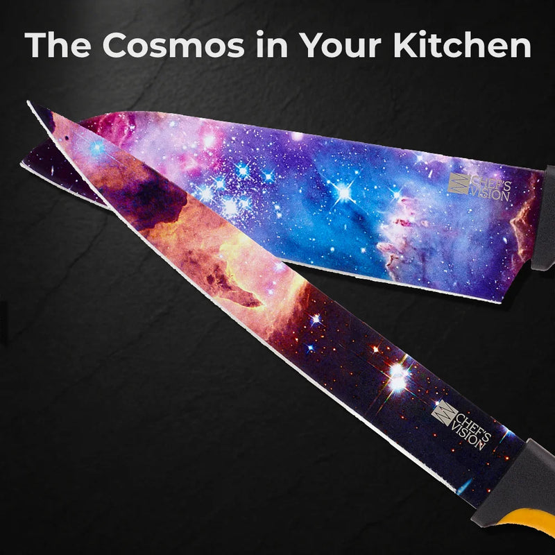 The Chef's Vision Cosmos Six-Piece Knife Set features stainless steel knives with black handles and vibrant space-themed blades, arranged from smallest to largest—bringing cosmic flair to your kitchen.