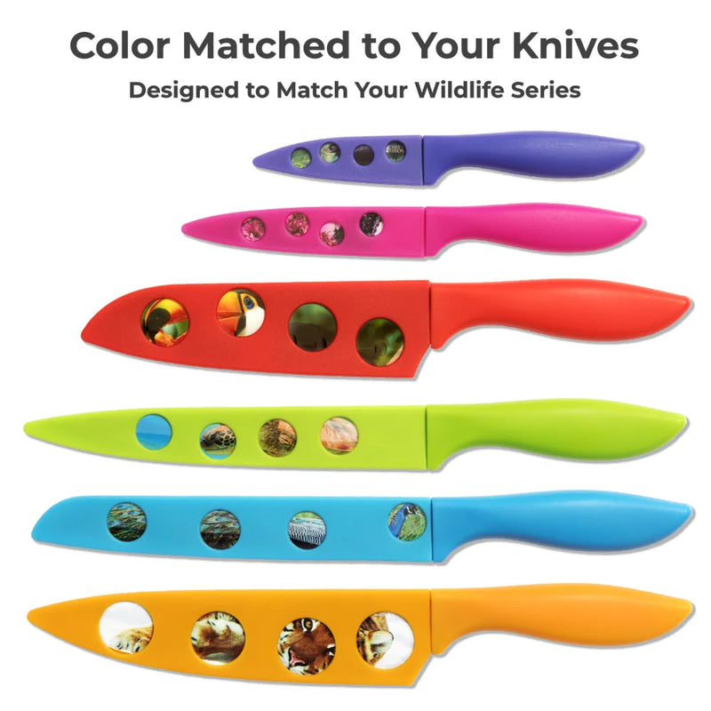 Chef’s Vision BladeKeepers Blade Covers for Wildlife Series Knife Set feature colorful, animal-themed designs matching your knives. Text above says "Color Matched to Your Knives" and "Designed to Match Your Wildlife Series.