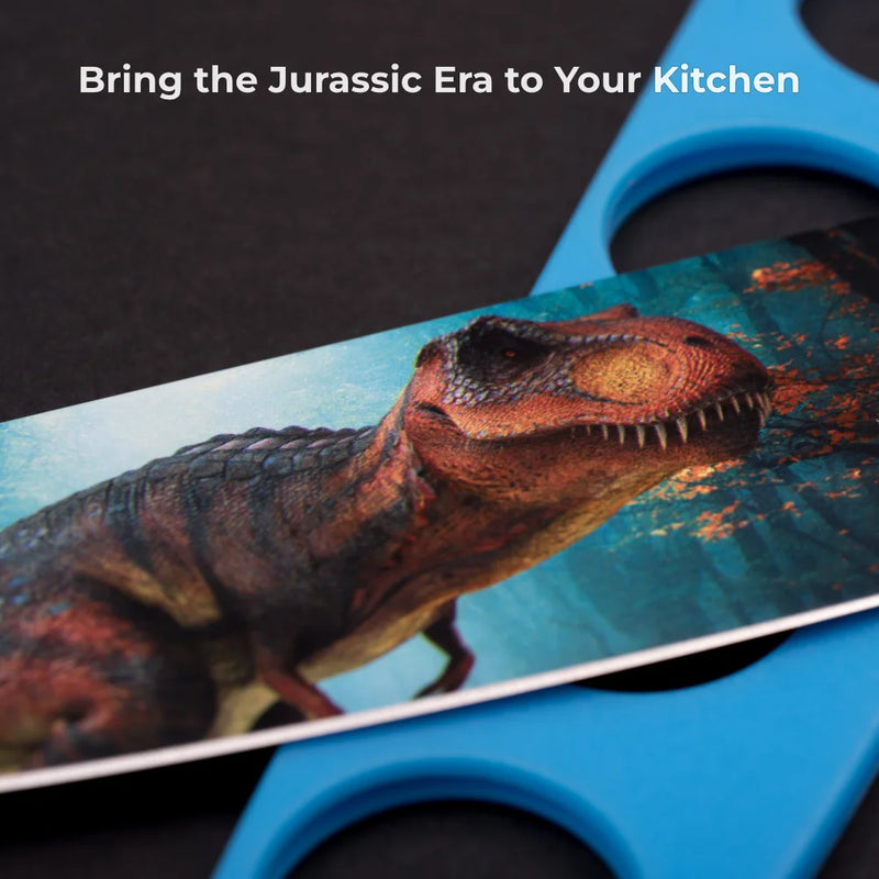 Chef's Vision Jurassic Six-Piece Knife Set features kitchen knives with ergonomic brown handles, colorful grips, and stainless steel blades showcasing unique dinosaur illustrations on vivid backgrounds.