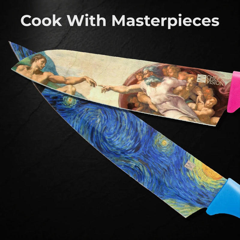 The Chef's Vision Masterpiece Six-Piece Knife Set features dishwasher-safe, stainless steel knives with colorful handles and blades adorned with famous artworks, displayed in a row against a white background.