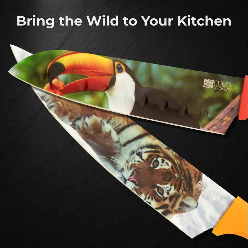 The Chef's Vision Wildlife Six-Piece Knife Set features kitchen knives with ergonomic handles and vivid animal images—elephant, flamingo, toucan, sea turtle, peacock, and tiger—bringing colorful charm to your kitchen.