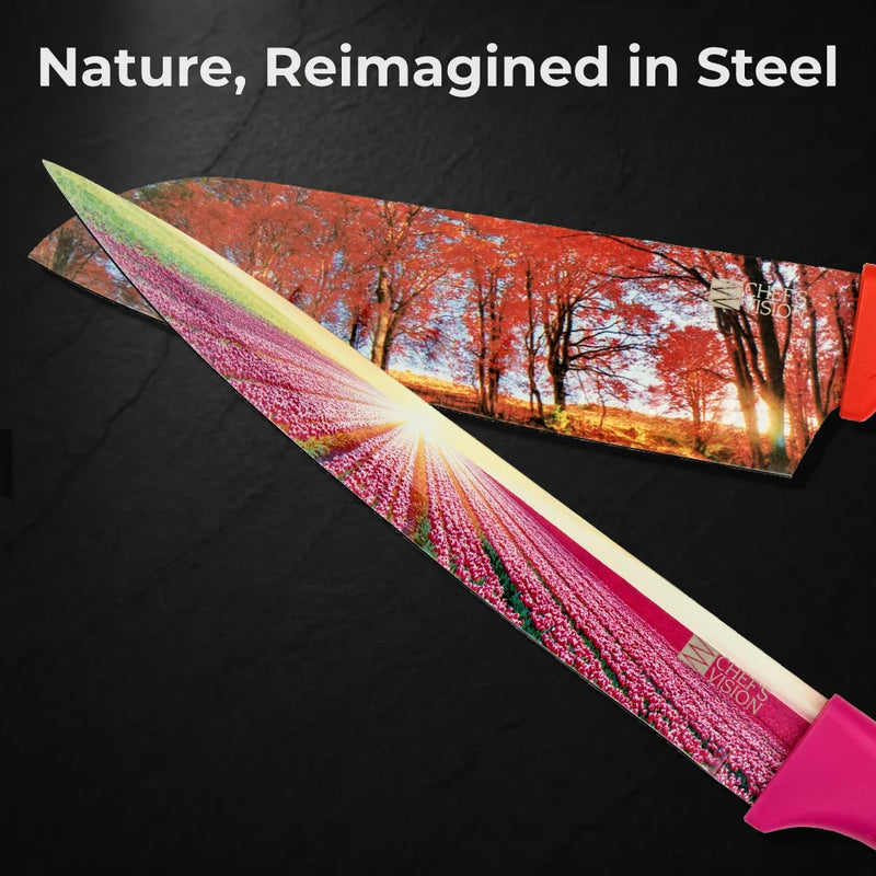 The Chef's Vision Landscape Six-Piece Knife Set includes six stainless steel kitchen knives with vibrant, nature-inspired designs and colorful handles. Each knife features a non-stick coating for effortless slicing.