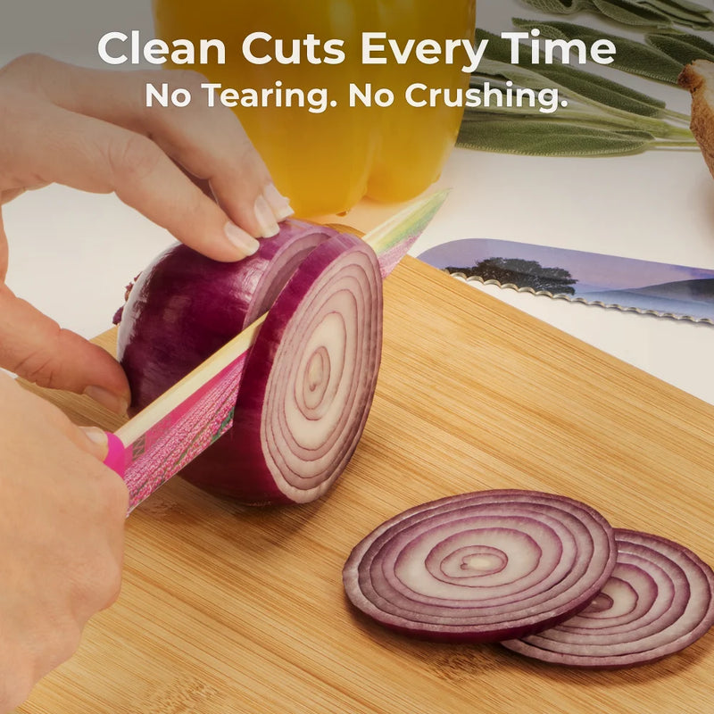 A hand slices a red onion on a wooden cutting board using Chef's Vision Landscape Six-Piece Knife Set. Text reads, "Clean Cuts Every Time. No Tearing. No Crushing." Experience quality with our stainless steel knives.
