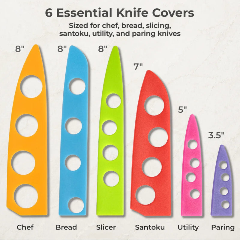 Chef's Vision BladeKeepers Blade Covers for the Wildlife Series Knife Set include six color-coded, labeled protectors (chef, bread, slicer, santoku, utility, paring), each with holes and size markings (3.5"–8") for a secure fit.