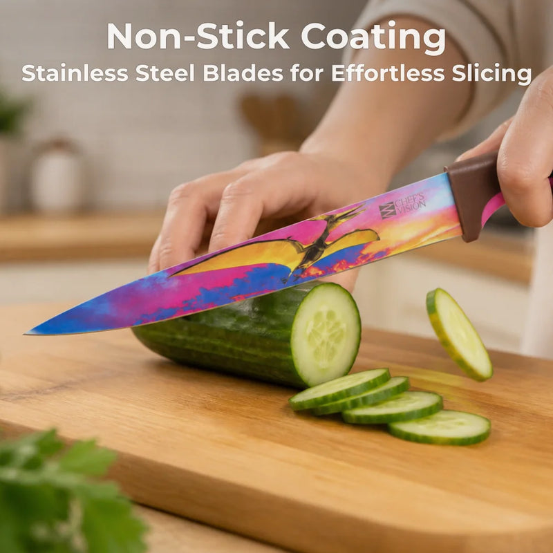 A hand slices a cucumber on a wooden cutting board with a colorful knife from the Chef's Vision Jurassic Six-Piece Knife Set. Text above reads: "Non-Stick Coating Stainless Steel Blades & Ergonomic Handles for Effortless Slicing.