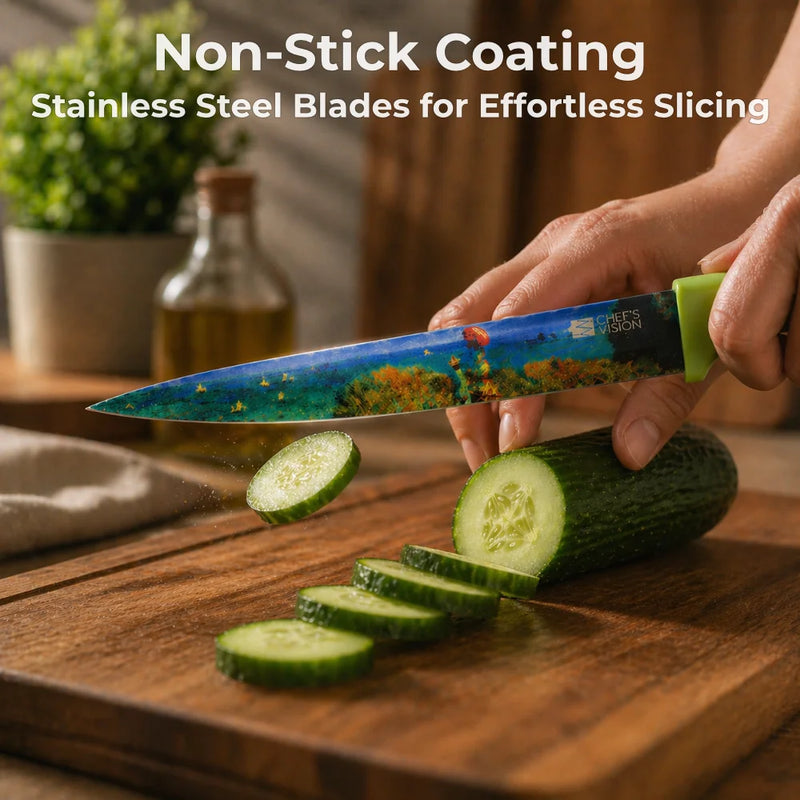 A hand slices a cucumber on a wooden board with a colorful non-stick knife from the Chef's Vision Masterpiece Six-Piece Knife Set, featuring stainless steel blades and dishwasher-safe design for effortless cleanup.