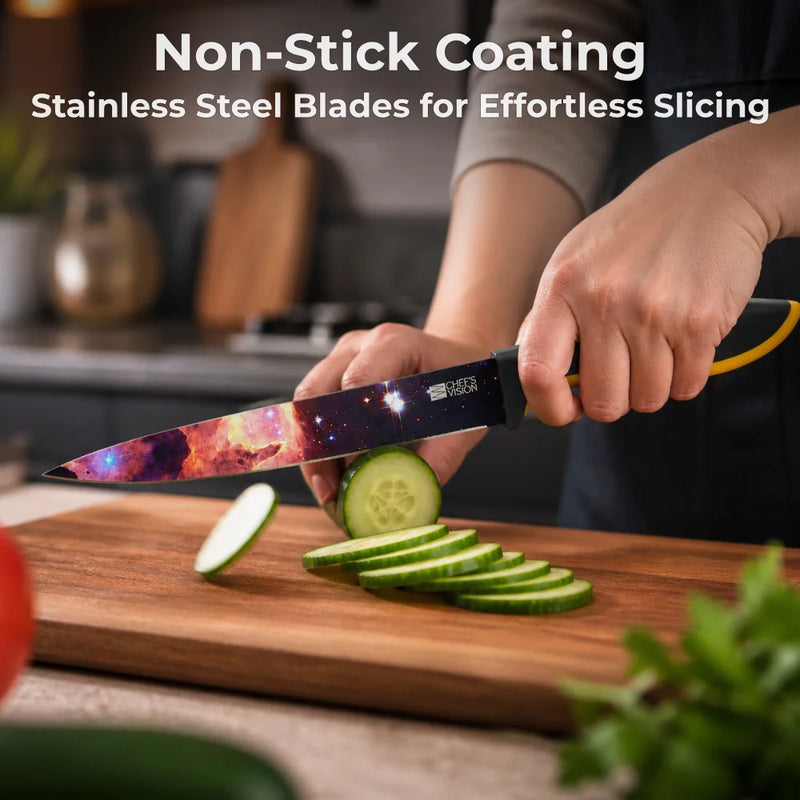 A person slices a cucumber with the Chef’s Vision Cosmos Six-Piece Knife Set, featuring galaxy-themed stainless steel blades, highlighted for their non-stick coating and dishwasher-safe design.