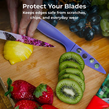 A hand slices a lemon and kiwi on a wooden cutting board with a purple knife; strawberries and grapes nearby. Text: "Chef's Vision BladeKeepers Blade Covers for Wildlife Series Knife Set keep knife edges safe from scratches and wear.