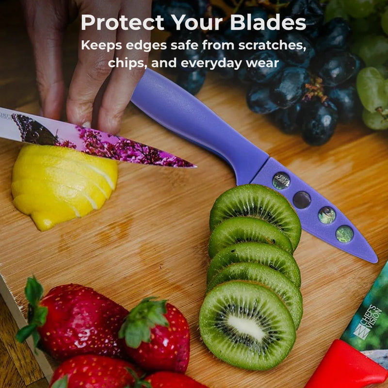 A hand slices a lemon and kiwi on a wooden cutting board with a purple knife; strawberries and grapes nearby. Text: "Chef's Vision BladeKeepers Blade Covers for Wildlife Series Knife Set keep knife edges safe from scratches and wear.