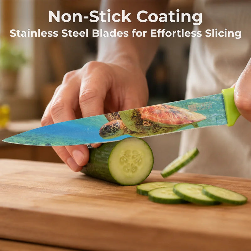 Close-up of a person slicing a cucumber with a Chef's Vision Wildlife Six-Piece Knife featuring an underwater sea turtle design. Text above highlights its non-stick coating, ergonomic handles, and stainless steel blades.