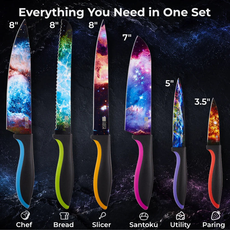 The Chef's Vision Cosmos Six-Piece Knife Set features dishwasher safe, durable stainless steel knives with black handles and vibrant galaxy-themed blades, arranged in a striking collection.