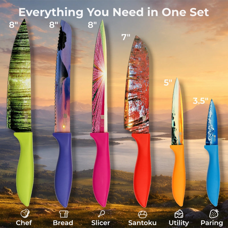 The Chef's Vision Landscape Six-Piece Knife Set includes six stainless steel kitchen knives with vibrant, nature-inspired designs and colorful handles. Each knife features a non-stick coating for effortless slicing.