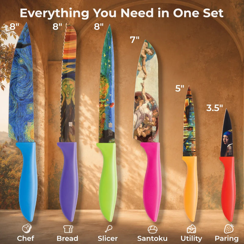 The Chef's Vision Masterpiece Six-Piece Knife Set features dishwasher-safe, stainless steel knives with colorful handles and blades adorned with famous artworks, displayed in a row against a white background.