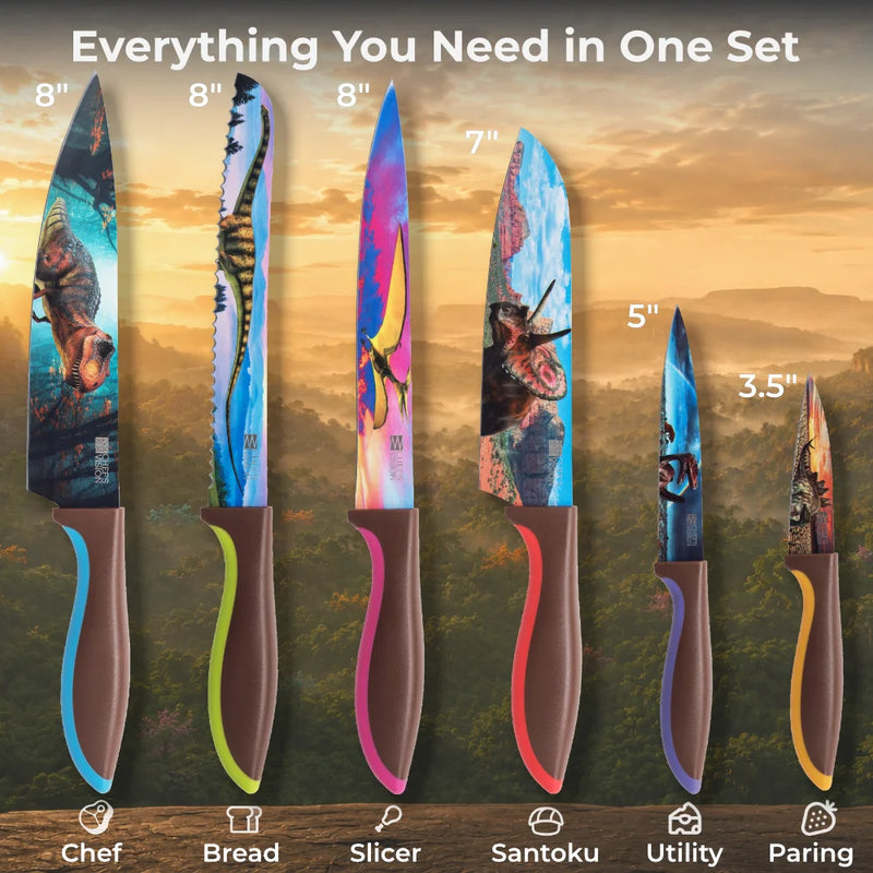 Chef's Vision Jurassic Six-Piece Knife Set features kitchen knives with ergonomic brown handles, colorful grips, and stainless steel blades showcasing unique dinosaur illustrations on vivid backgrounds.
