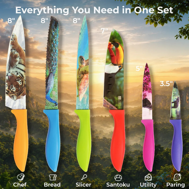 The Chef's Vision Wildlife Six-Piece Knife Set features kitchen knives with ergonomic handles and vivid animal images—elephant, flamingo, toucan, sea turtle, peacock, and tiger—bringing colorful charm to your kitchen.