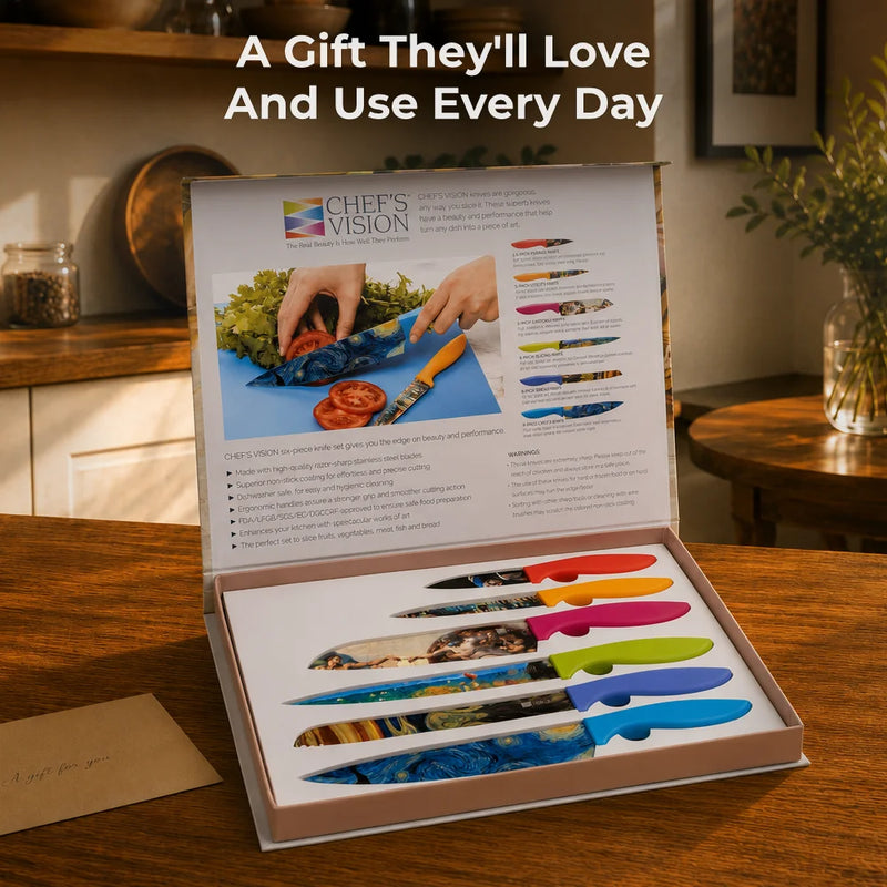The Chef's Vision Masterpiece Six-Piece Knife Set features six stainless steel kitchen knives with artistic blade designs and ergonomic handles, displayed open on a table under the text, "A Gift They'll Love And Use Every Day.