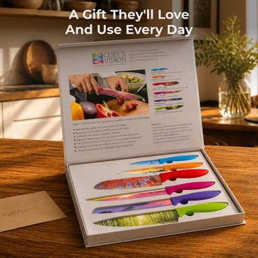 The Chef's Vision Landscape Six-Piece Knife Set features six colorful, scenic stainless steel knives with non-stick coating in a box displaying “A Gift They’ll Love And Use Every Day.”.