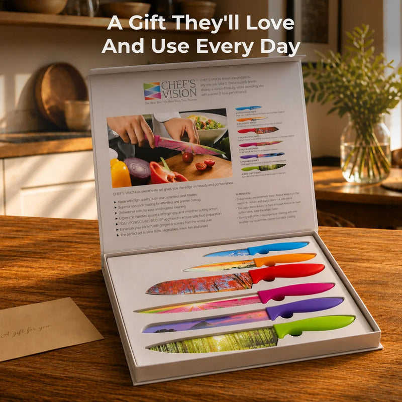 The Chef's Vision Landscape Six-Piece Knife Set features six colorful, scenic stainless steel knives with non-stick coating in a box displaying “A Gift They’ll Love And Use Every Day.”.