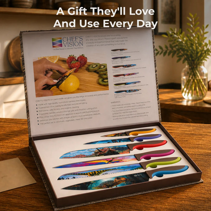 The Chef's Vision Jurassic Six-Piece Knife Set features artistic blade designs and ergonomic handles, displayed in an open box with the message: "A Gift They'll Love And Use Every Day.