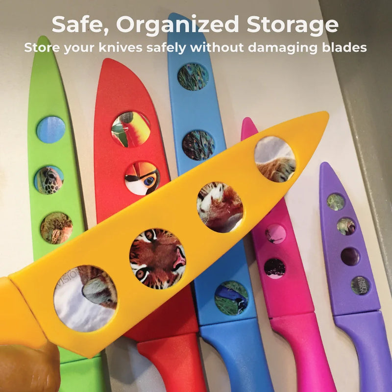 Six colorful Chef’s Vision Wildlife Series knives stand upright with animal images. Text above reads: “Safe, Organized Storage. Store your knives safely using BladeKeepers Blade Covers for blade protection.”.