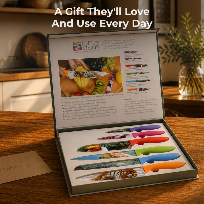 The Chef's Vision Wildlife Six-Piece Knife Set features ergonomic handles and non-stick, printed blades—displayed open in a gift box on a table. Text above: "A Gift They'll Love And Use Every Day.