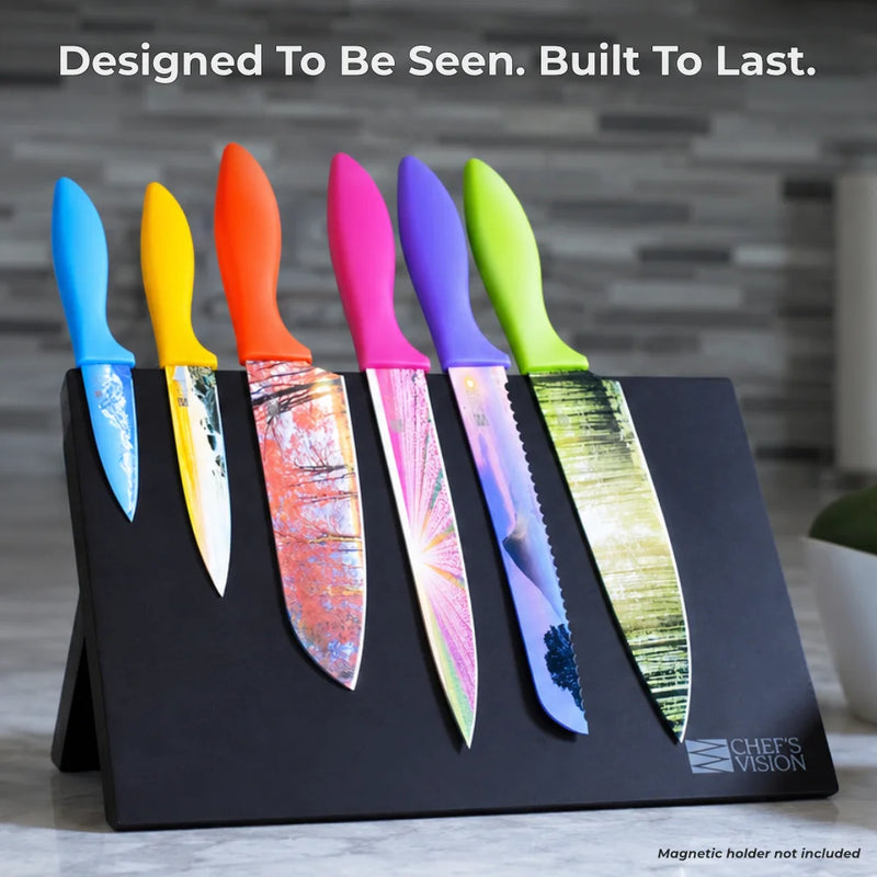 The Chef's Vision Landscape Six-Piece Knife Set features six stainless steel knives with artistic designs and non-stick coating, displayed on a black stand with the brand logo. Text above: "Designed To Be Seen. Built To Last.