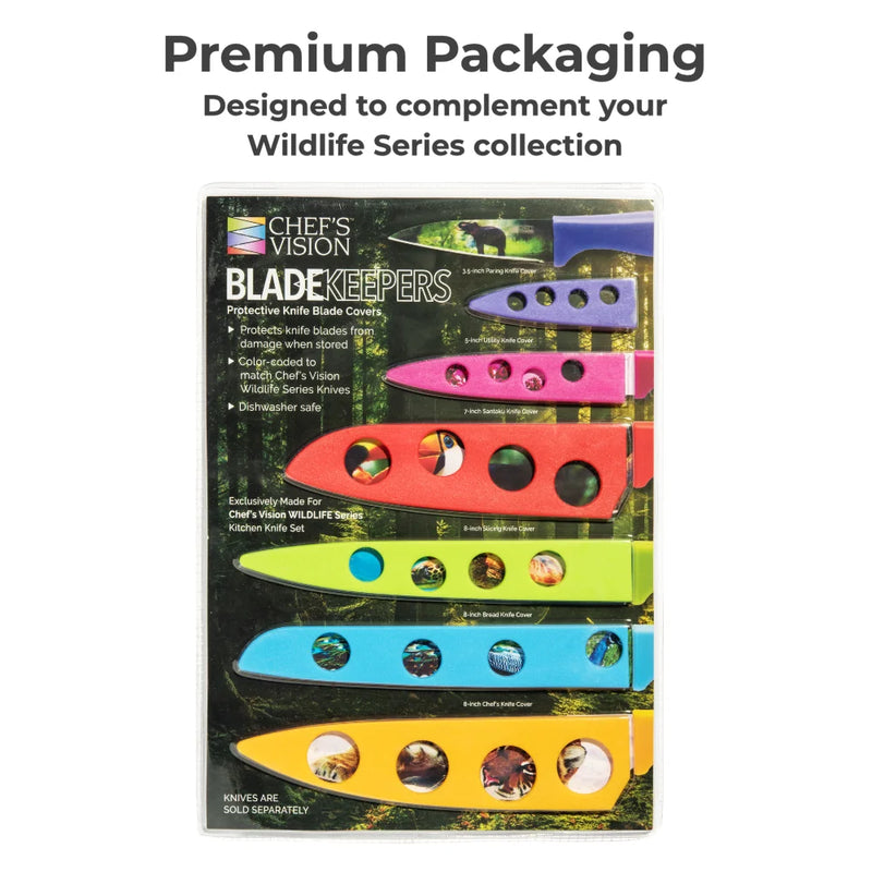 Chef's Vision BladeKeepers Blade Covers for Wildlife Series Knife Set offer colorful, protective covers with vivid wildlife designs to safely store and complement your Chef's Vision knives.