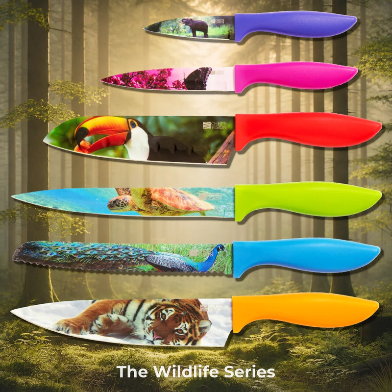 Chef's Vision Wildlife Six-Piece Knife Set features stainless steel blades with wildlife images—elephant, flamingo, toucan, sea turtle, peacock, and tiger—and colorful, ergonomic handles.